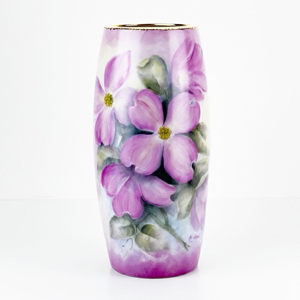 International Porcelain Art Teachers Hand Painted Pink Flowers Floral Vase
